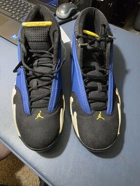 Jordan 14 "Laney", Size 12m, Black/Blue Basketball Sneakers with Yellow Jumpman